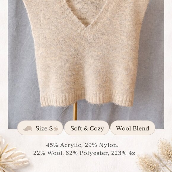 FATE Wool Blend Sweater Vest Size Small Beige V-Neck Soft Cozy Knit - Picture 2 of 15